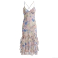 Women's Summer Floral Print Ruffle Camisole Dress Crossover Back Sleeveless Layered Irregular Hem Maxi Sundress Sexy Beach Vacation Polyester Chiffon Clothing