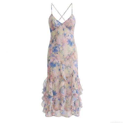 Women's Summer Floral Print Ruffle Camisole Dress Crossover Back Sleeveless Layered Irregular Hem Maxi Sundress Sexy Beach Vacation Polyester Chiffon Clothing