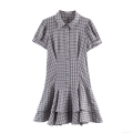 Summer Women Gingham Layered Mini Dress Shirt Collar Short Sleeve Button Front Puff Sleeve Ruffle Tiered Skirt Polyester Casual Fashion Dress