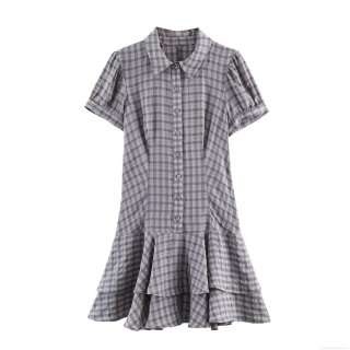 Summer Women Gingham Layered Mini Dress Shirt Collar Short Sleeve Button Front Puff Sleeve Ruffle Tiered Skirt Polyester Casual Fashion Dress