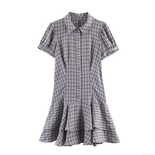 Summer Women Gingham Layered Mini Dress Shirt Collar Short Sleeve Button Front Puff Sleeve Ruffle Tiered Skirt Polyester Casual Fashion Dress