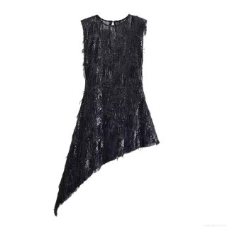 Women's Sexy Black Sequin Tassel Asymmetrical Mini Dress Sleeveless Round Neck Slim Fit Sparkly Party Club Night Out Evening Streetwear Dress