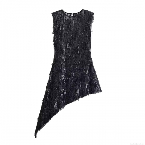 Women's Sexy Black Sequin Tassel Asymmetrical Mini Dress Sleeveless Round Neck Slim Fit Sparkly Party Club Night Out Evening Streetwear Dress