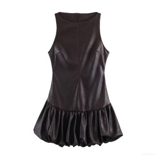 Summer Women Sleeveless PU Leather Mini Romper Dress Round Neck Pleated Bubble Skirt Slim Fit Sexy Party Club Short Dress Dark Brown