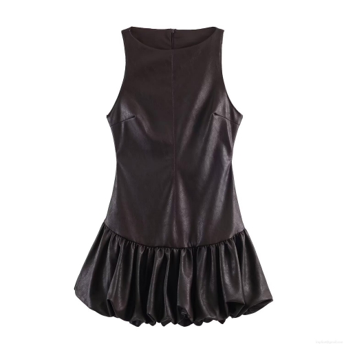 Summer Women Sleeveless PU Leather Mini Romper Dress Round Neck Pleated Bubble Skirt Slim Fit Sexy Party Club Short Dress Dark Brown