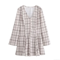 Women's Plaid V-Neck Long Sleeve Dress 100% Polyester Flare Sleeve A-Line Mini Dress Pleated Checkered Casual Streetwear Short Dress For Summer Autumn