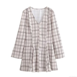Women's Plaid V-Neck Long Sleeve Dress 100% Polyester Flare Sleeve A-Line Mini Dress Pleated Checkered Casual Streetwear Short Dress For Summer Autumn