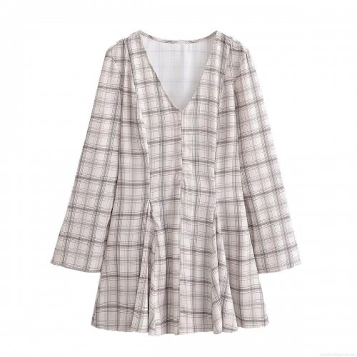 Women's Plaid V-Neck Long Sleeve Dress 100% Polyester Flare Sleeve A-Line Mini Dress Pleated Checkered Casual Streetwear Short Dress For Summer Autumn