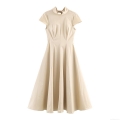 Women's Elegant High Neck Midi Dress With Back Bow Tie Short Sleeve Slim Fit Polyester Straight Dress Streetwear Summer Beige Dress For Women
