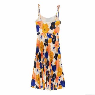 Women Summer Floral Print Spaghetti Strap Pleated Midi Dress V Neck High Waist Boho Beach Vacation Flowy Polyester Sleeveless Sundress