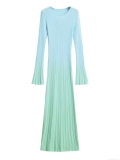 Women's Autumn Gradient Blue Green Long Sleeve Ribbed Knit Maxi Dress Slim Fit Round Neck Bell Sleeve Bodycon Pullover Dress