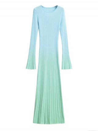 Women's Autumn Gradient Blue Green Long Sleeve Ribbed Knit Maxi Dress Slim Fit Round Neck Bell Sleeve Bodycon Pullover Dress