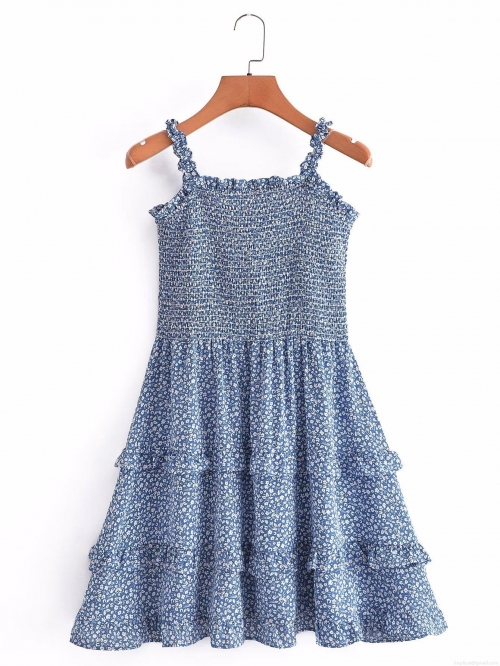 Women's Floral Print Tiered Camisole Mini Dress 100% Polyester Sexy Smocked Waist A-line Sleeveless Summer Beach Vacation Sun Dress