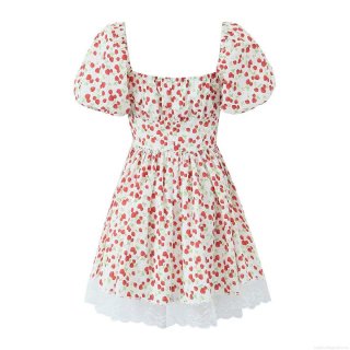 Women Strawberry Print Lace Trim Mini Dress French Sweet Square Neck Puff Sleeve A-Line Short Dress For Summer Beach Party Vacation White Red Floral Dresses