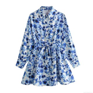 Women's Fashion Floral Print Mini Dress Casual 100% Polyester Long Sleeve Lapel Button Up Shirt Dress With Waist Tie Blue White Flower A-Line Summer Dress