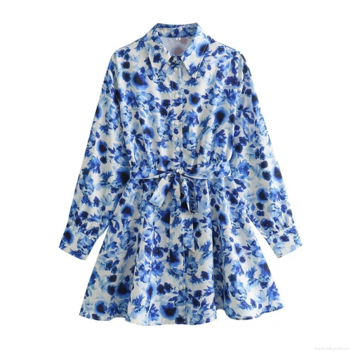 Women's Fashion Floral Print Mini Dress Casual 100% Polyester Long Sleeve Lapel Button Up Shirt Dress With Waist Tie Blue White Flower A-Line Summer Dress