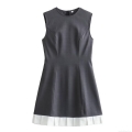 Women Sleeveless Mini Dress 100% Polyester Colorblock Patchwork Dark Grey White Pleated Hem Round Neck Back Invisible Zipper Streetwear Summer Casual A-Line Short Dress