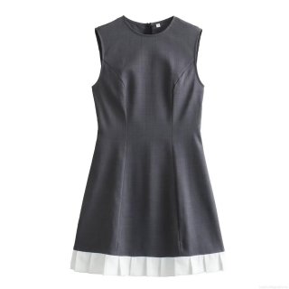 Women Sleeveless Mini Dress 100% Polyester Colorblock Patchwork Dark Grey White Pleated Hem Round Neck Back Invisible Zipper Streetwear Summer Casual A-Line Short Dress