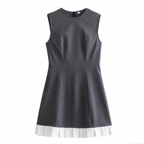 Women Sleeveless Mini Dress 100% Polyester Colorblock Patchwork Dark Grey White Pleated Hem Round Neck Back Invisible Zipper Streetwear Summer Casual A-Line Short Dress