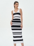 Women's Striped Knit Maxi Dress V Neck Sleeveless Bodycon Slim Fit Tank Dress Sexy Color Block Ribbed Summer Long Sundress for Women Party Vacation