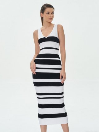 Women's Striped Knit Maxi Dress V Neck Sleeveless Bodycon Slim Fit Tank Dress Sexy Color Block Ribbed Summer Long Sundress for Women Party Vacation