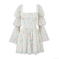 Women's French Romantic Floral Mini Dress Square Neck Puff Bell Sleeve Long Sleeve Slim Fit A-Line Chiffon Summer Vacation Party Dress
