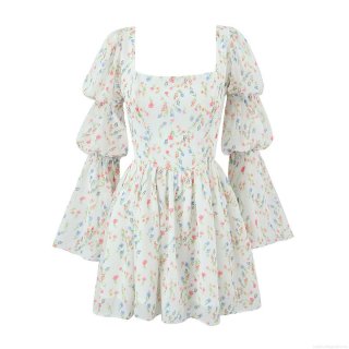 Women's French Romantic Floral Mini Dress Square Neck Puff Bell Sleeve Long Sleeve Slim Fit A-Line Chiffon Summer Vacation Party Dress