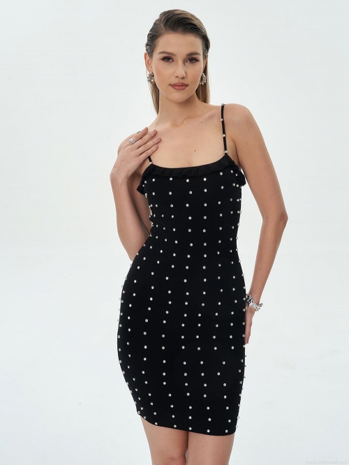 Women's Sexy Bodycon Cami Mini Dress Rivet Rhinestone Studded Ribbed Knit Summer Ruffle Neckline Streetwear Party Night Clubwear Slim Fit Sleeveless Dress