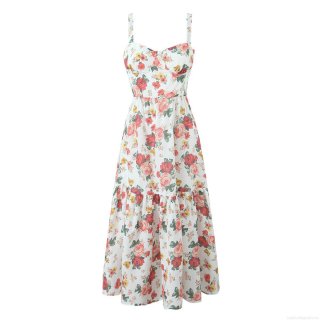Summer Women Floral Print Backless Cami Maxi Dress Sexy V Neck Ruched Bust Tiered Ruffle Hem Spaghetti Strap Long Sundress for Vacation