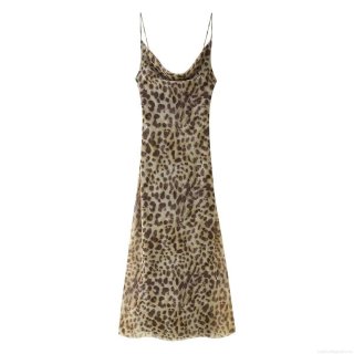 Sexy Leopard Print Cowl Neck Maxi Dress For Women Sleeveless Spaghetti Strap 100% Polyester Summer Streetwear Party Clubwear Long Slip Dress