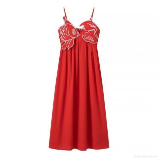 Women's Sexy Red Cami Midi Dress High Waist Pleated With 3D Fish Embroidery V-Neck Sleeveless Streetwear Fashion Summer Party Dress