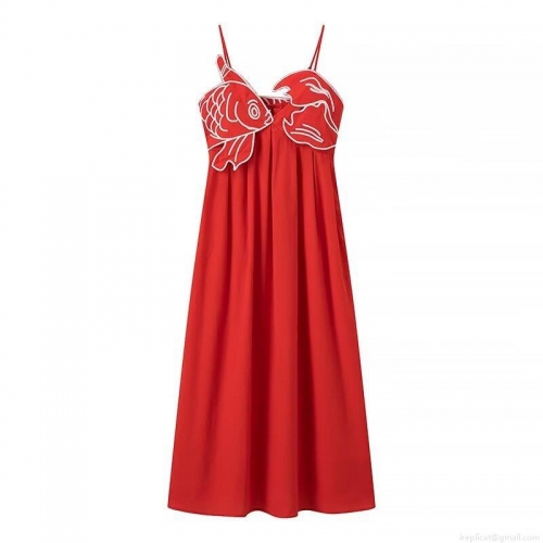 Women's Sexy Red Cami Midi Dress High Waist Pleated With 3D Fish Embroidery V-Neck Sleeveless Streetwear Fashion Summer Party Dress