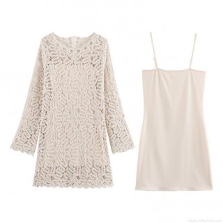 Women's 2 Piece Crochet Hollow Out Lace Mini Dress Set With Inner Slip Dress Bohemian Long Sleeve Round Neck Beach Vacation Short Dress For Women