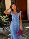Women's Elegant Light Blue 95 Percent Cotton Eyelet Embroidered V-Neck Midi Dress With Ruffle Straps Waist Cut-out Backless Tie-up A-Line Summer Beach Vacation Dress