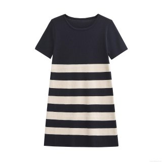 Women's Fashion Black and White Striped Knitted Mini Dress Round Neck Short Sleeve A-Line Casual Patchwork Dress for Autumn Spring Daily Wear