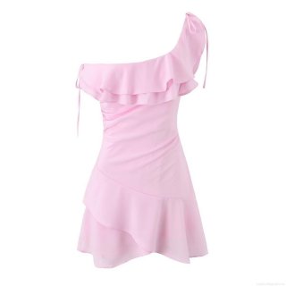 Women's Pink One Shoulder Ruffle Dress Asymmetrical Irregular Mini Dress With Side Pleats Drawstring Sweet Party Dress For Women Summer Prom Outfit