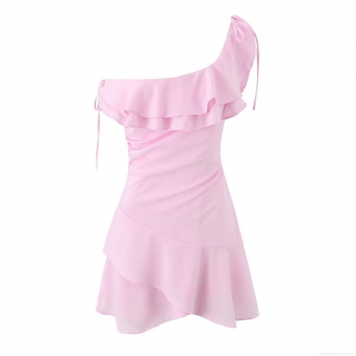 Women's Pink One Shoulder Ruffle Dress Asymmetrical Irregular Mini Dress With Side Pleats Drawstring Sweet Party Dress For Women Summer Prom Outfit