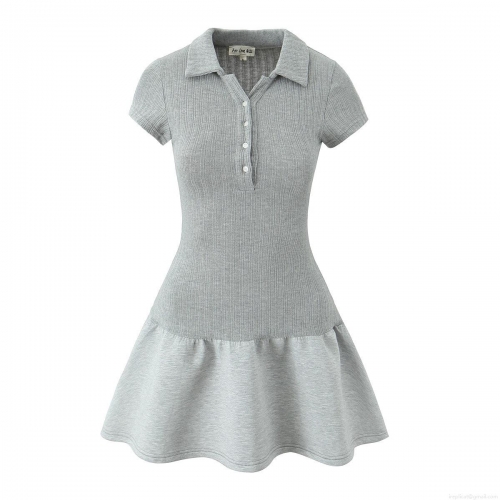 Women's Knit Tennis Dress Polo Collar Short Sleeve Button Slim Fit Mini A-Line Dress With Ruffle Hem American Style Casual Sporty Sweet Dress for Lady