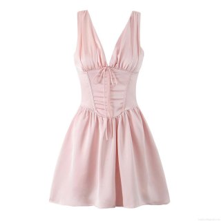 Women's Pink Satin Mini Dress V-Neck Sexy Sleeveless High Waist A-Line Princess Dress With Drawstring Tie Backless For Party Dating Autumn Fashion