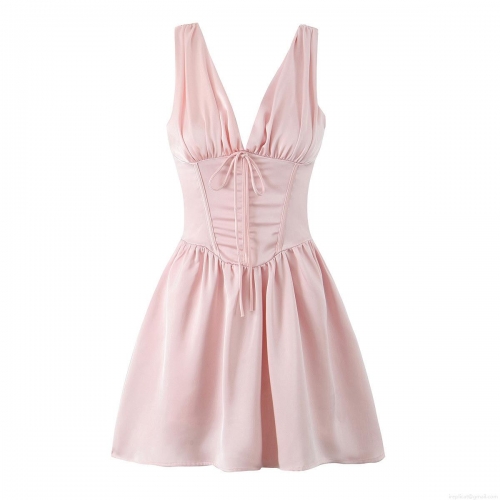 Women's Pink Satin Mini Dress V-Neck Sexy Sleeveless High Waist A-Line Princess Dress With Drawstring Tie Backless For Party Dating Autumn Fashion