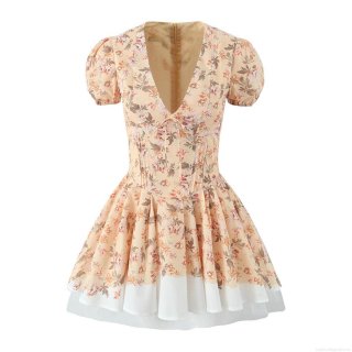 Women Floral Print V-Neck Short Sleeve Mini Dress Cotton Blend Puff Sleeve High Waist A-Line Ruffle Skirt Holiday Summer Beach Party Fashion Dress