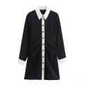 Women's Contrast Color Block Shirt Dress Polyester Crepe Long Sleeve Turn-down Collar Gold Button A-Line Mini Dress For Casual Office Work Wear