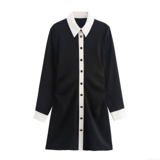 Women's Contrast Color Block Shirt Dress Polyester Crepe Long Sleeve Turn-down Collar Gold Button A-Line Mini Dress For Casual Office Work Wear