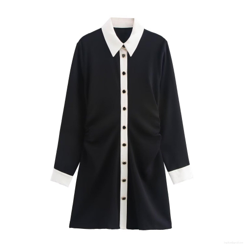 Women's Contrast Color Block Shirt Dress Polyester Crepe Long Sleeve Turn-down Collar Gold Button A-Line Mini Dress For Casual Office Work Wear