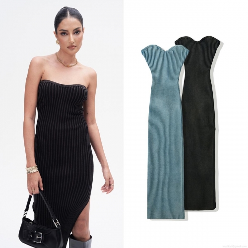 Women Sexy Ribbed Knit Tube Top Maxi Dress Heavy Industry Distressed Side Slit Bodycon Long Dress Solid Color Elegant Autumn Streetwear Party Night Clubwear