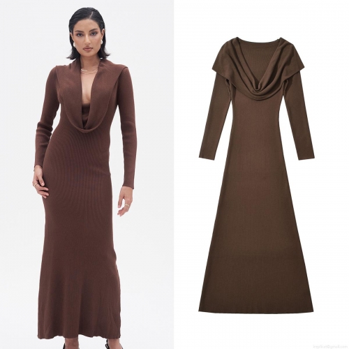 Elegant Cowl Neck Long Sleeve Maxi Dress Ribbed Knit Bodycon Slim Fit Sweater Dress For Women Autumn Winter Daily Wear Solid Color Casual Midi Dress