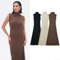 High Neck Sleeveless Knit A-Line Midi Dress For Women Solid Color Viscose Nylon PPT Ribbed Texture Elegant Streetwear Party Dress