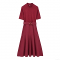 Women's Mock Neck Short Sleeve Maxi Dress With Belt Wine Red Polyester Knit Solid Color A-Line Elegant Casual Streetwear Autumn Fashion Long Dresses