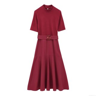 Women's Mock Neck Short Sleeve Maxi Dress With Belt Wine Red Polyester Knit Solid Color A-Line Elegant Casual Streetwear Autumn Fashion Long Dresses