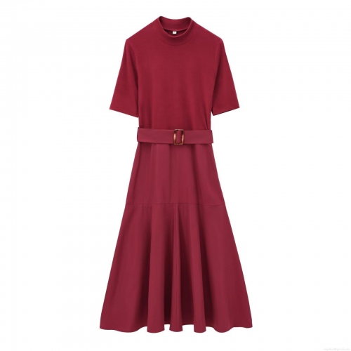 Women's Mock Neck Short Sleeve Maxi Dress With Belt Wine Red Polyester Knit Solid Color A-Line Elegant Casual Streetwear Autumn Fashion Long Dresses